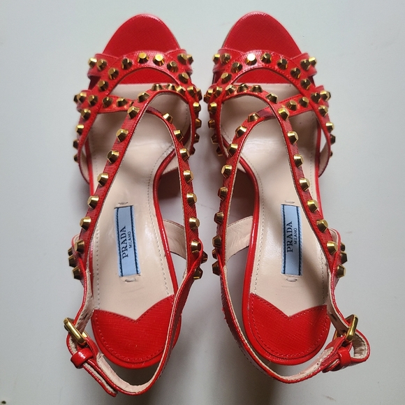 PRADA Red Patent Leather Gold Studded Strappy Wedge Sandal 36.5 - Picture 6 of 7